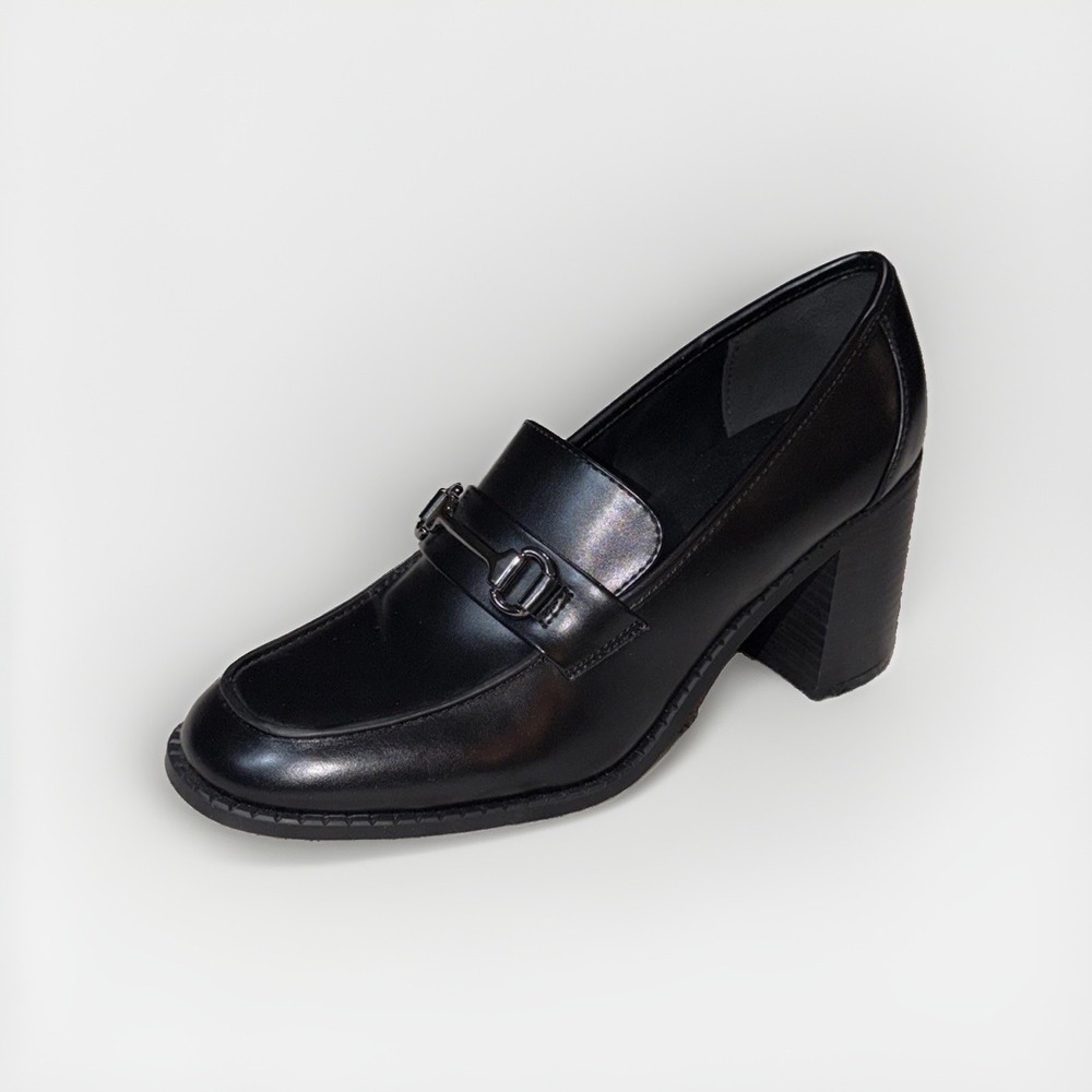 Marc Fisher Chunky Loafers Size 10M Black Faux Leather Block Heel 90s Inspired